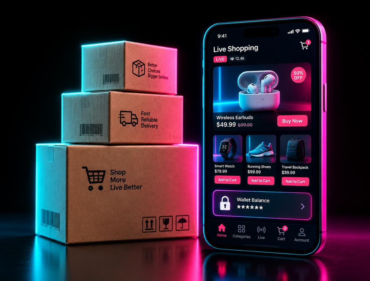 Caixas de pedidos e celular com loja do TikTok Shop e saldo bloqueado